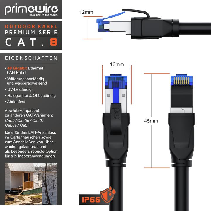 Produktbild Primewire Netzwerkkabel CAT.8, LAN Kabel, RJ-45, Ethernet, Outdoor Patchkabel CAT 8, IP66 40 Gbit/s S/FTP (S/FTP, CAT8.1, 15 m)