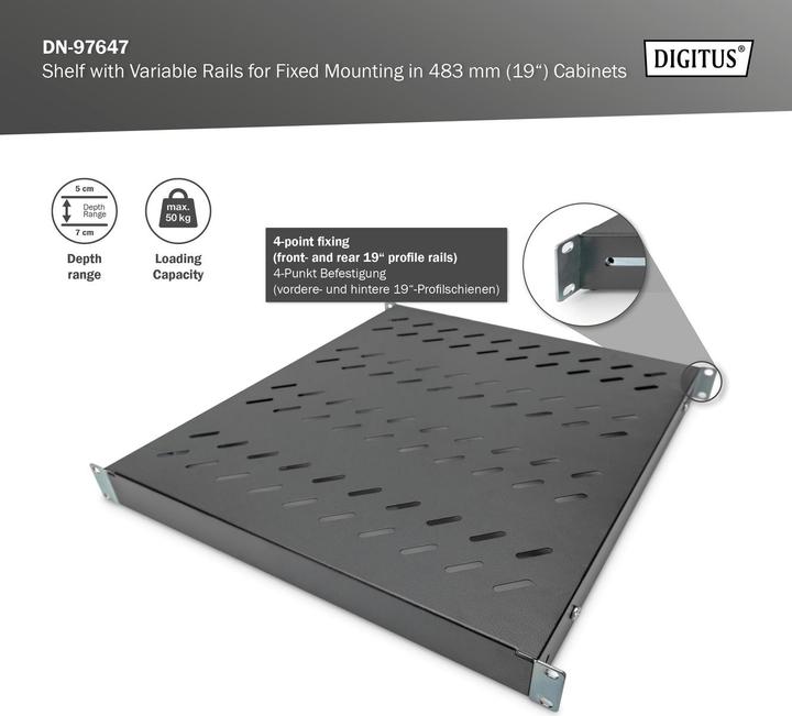Productafbeelding Digitus DN-19 TRAY-1-800-SW Vaste plank 525mm, max. 50kg zwart