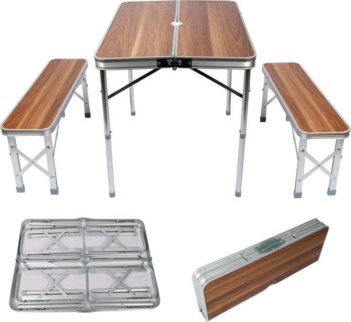 Image du produit Wiltec Table pliante Valise Alumium Deux bancs 90x66x70 cm Finition Bois Table de camping Fête Barbecue