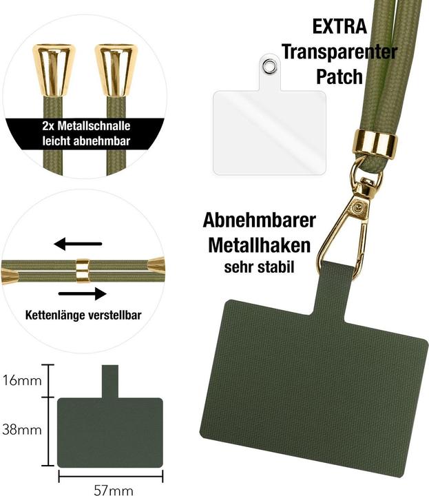Actual product image Nalia Handyband + Pad für Hülle zum Umhängen, Karabinerhaken Anhänger aus Metall (gold)