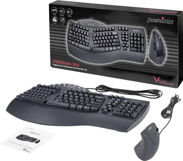 Produktbild Perixx PERIDUO-512 DE, Tastatur- und Maus-Set, kabelgebunden, ergonomisch, schwarz (DE, Kabelgebunden)