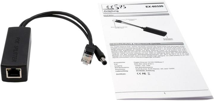 Actual product image Exsys Ethernt PoE+ Splitter 10/100Mbps 802.3at,12VDC/2A/24W (PoE Splitter)