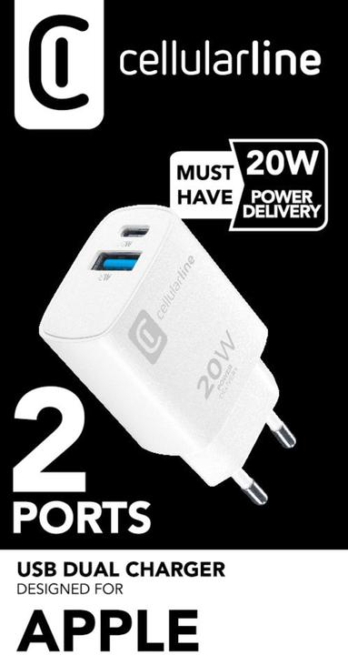 Actual product image Cellularline Dual Port Travel Charger Apple PD 20W White (20 W)