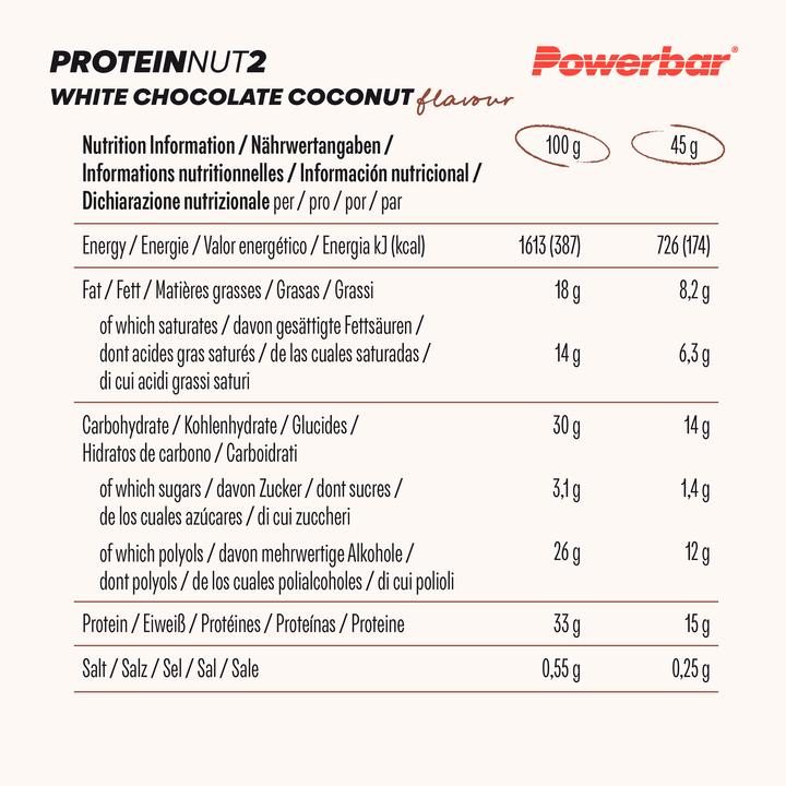 Nährwerte und Zutaten Powerbar Protein Nut2 (Weisse Schokolade, Kokosnuss, 12 Stk., 540 g)