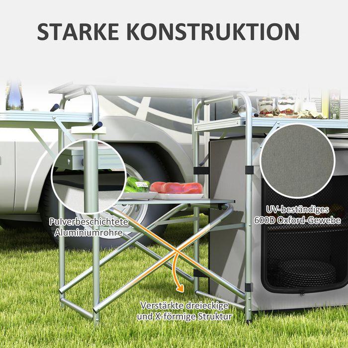 Immagine prodotto Swisshandel24 Cucina da campeggio, pieghevole, 3 piani di lavoro, frangivento, armadio in tessuto, 144x48x119cm