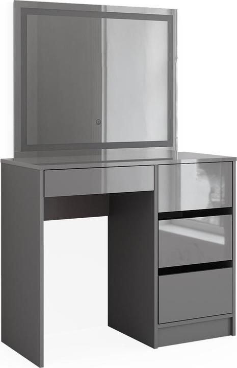 Korpus: grau, Tischplatte: Grau, matt Front, hochglänzend Einlegeboden: Weiss LED-Spiegel: Weiss