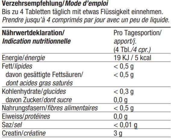 Nährwerte und Zutaten Burgerstein Creatin (100 Stück, Tabletten, 0.75 g)