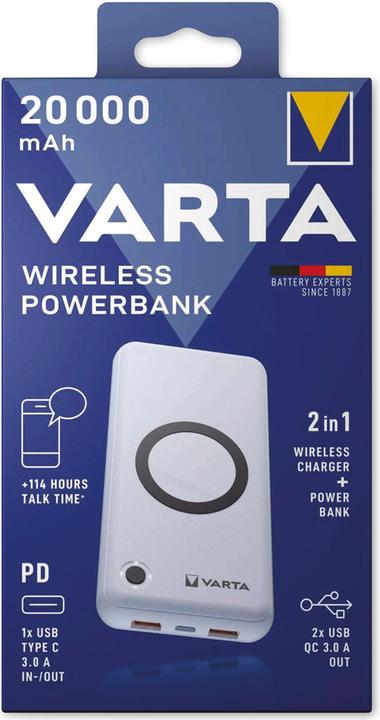 Actual product image Varta Wireless Power Bank + Charging Cable (20000 mAh, 20 W, 74.74 Wh)