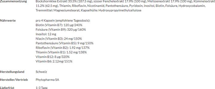 Valori nutrizionali e ingredienti Phytopharma Capsule per l'allattamento (90 Pezzo/i, Pillole, 77 g)