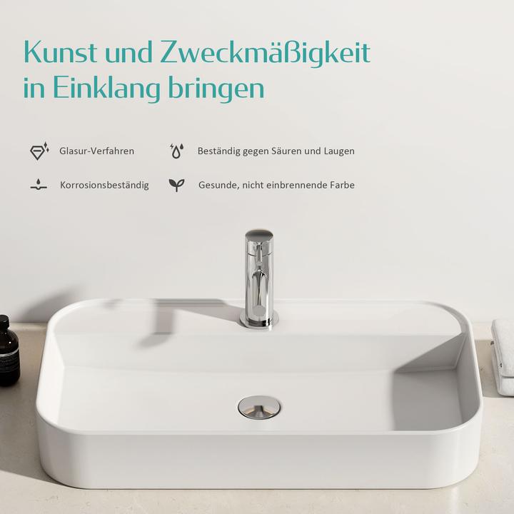 Immagine prodotto Emke Lavabo da appoggio, in ceramica, a parete/da appoggio, bianco lucido, con foro per rubinetto (400 mm, 600 mm)