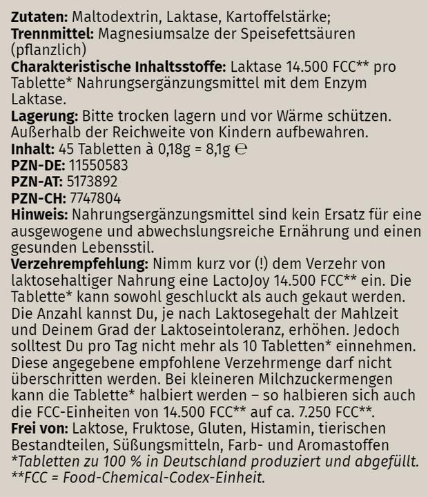 Nährwerte und Zutaten Lactojoy Laktase (45 Stück, Tabletten)