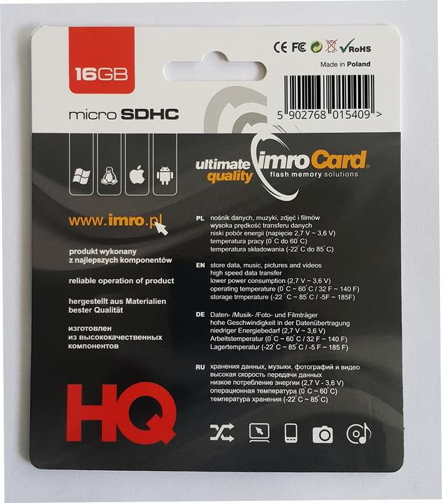 Image du produit IMRO Carte mémoire 4/16 Go MicroSDHC classe 4 (16 Go, microSDHC)