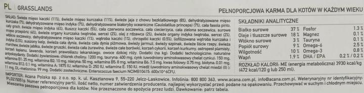 Nährwerte und Zutaten Acana Regional Cat Grasslands (Adult, 1 Stk., 4500 g)