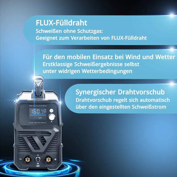 Produktbild Stahlwerk Schweissgerät FLUX 160 ST Digital mit 160 A, synergischem Drahtvorschub