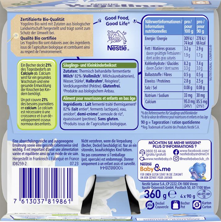 Valeurs nutritives et ingrédients Yogolino Bio Nature (393 g)
