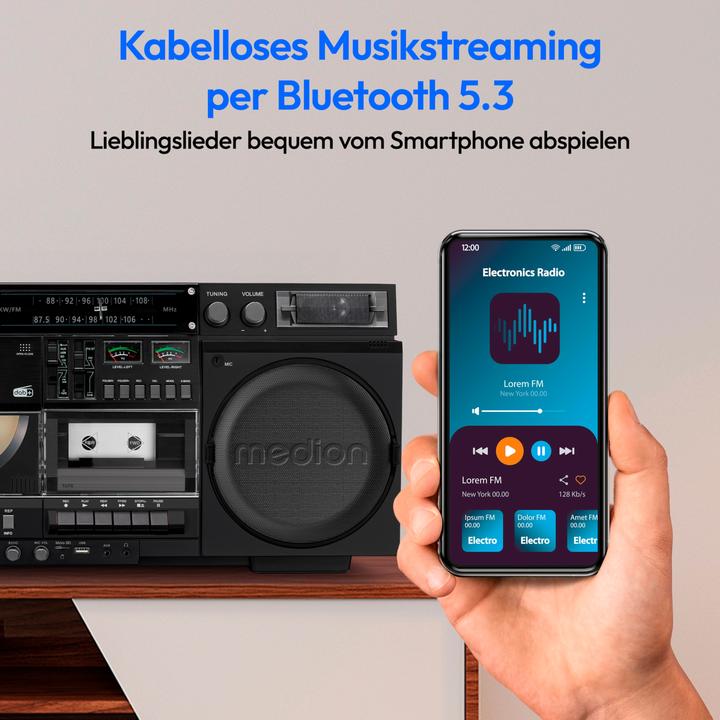Produktbild Medion LIFE® P66538 Retro-Boombox DAB+/PLL-UKW Radio, Bluetooth® 5.3 für das Abspielen von Smartphone & Co (FM, DAB+, Bluetooth)
