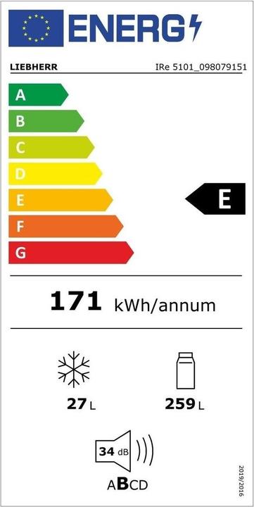 Etichetta energetica Liebherr Frigorifero da incasso IRe 5101 Pure Right/sostituibile (286 l)