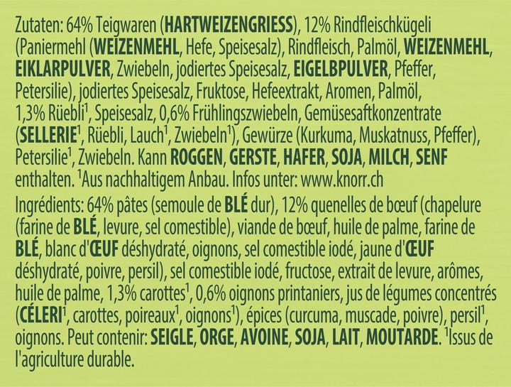 Valori nutrizionali e ingredienti Knorr Fidelisuppe con polpette, sacchetto di zuppa con polpette succose, fideli e verdure pregiate