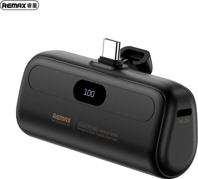 Actual product image Remax RPP-632 Capsule Series 2A Type-C Notfall Powerbank 5000mAh, Schwarz (5000 mAh)