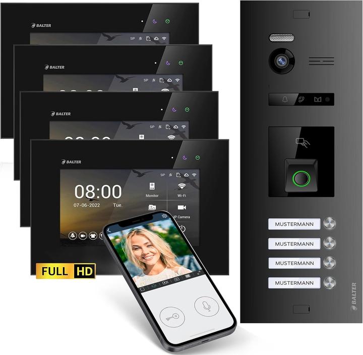 Immagine prodotto Balter EVO-HD Video-Türsprechanlage mit Fingerprint für 4-Familienhaus (App, Cablato)