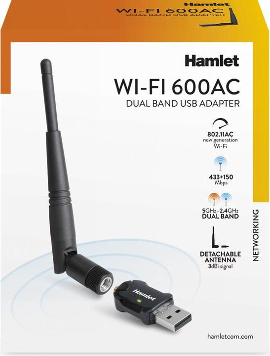 Immagine prodotto Hamlet Adattatore USB Wi-Fi 600Mbps Dual Band 5GHz + 2.4GHz standard 802.ac con antenna rimovibile (USB)