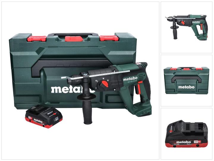 1x Metabo KH 18 LTX 24 Akku Kombihammer, 1x Zusatz Handgriff, 1x Bohrtiefenanschlag, 1x Metabo LIHD 18 V 4,0 Ah CAS Akkupack, 1x metaBOX 165 L