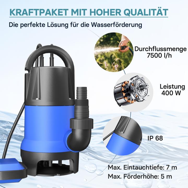 Produktbild Wiltec Schmutzwasserpumpe 400 W 7500 l/h Tauchpumpe Gartenpumpe Brunnenpumpe Pumpe (Schmutzwasserpumpe)