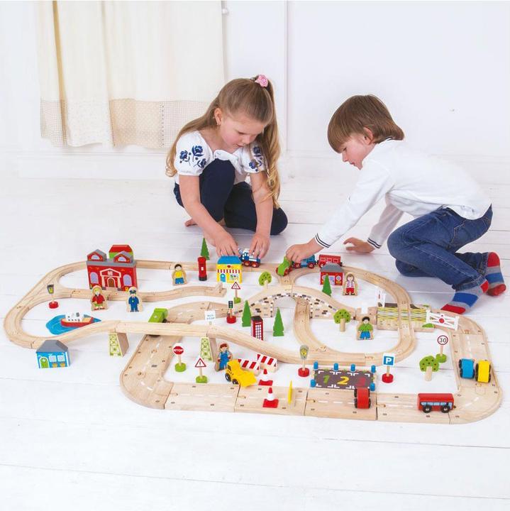 Produktbild Bigjigs Holzeisenbahn- und Autogleis-Set