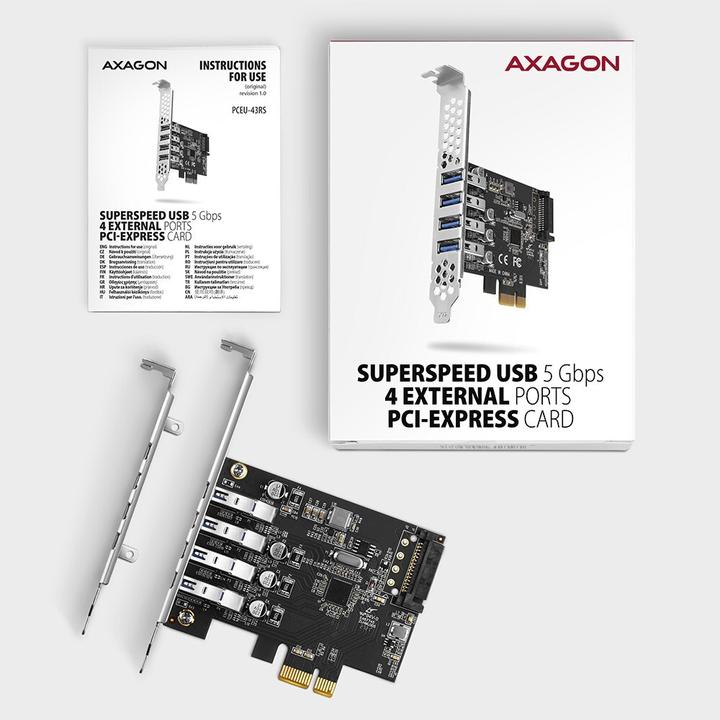 Produktbild Axagon PCEU-43RS PCIe Adapter 4x USB3.0 UASP VIA, 15-pin SATA Stromversorgung