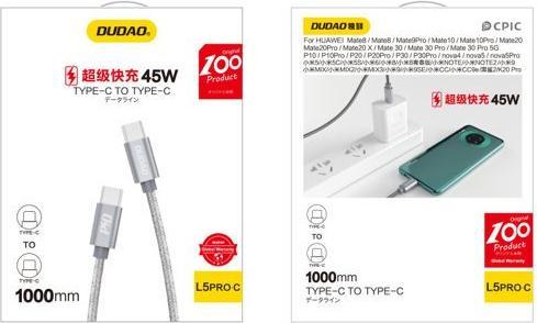 Actual product image Dudao USB-C to USB-C cable L5ProC PD 45W, 1m (grey) (1 m, USB 2.0)