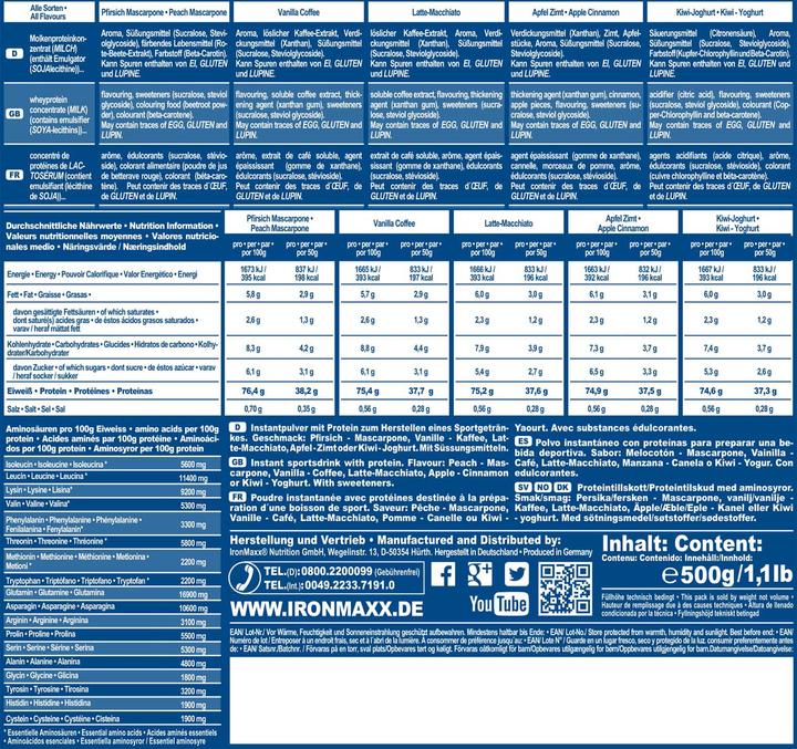 Valeurs nutritives et ingrédients IronMaxx 100% Whey Protein (sachet de 500g) (Neutre, 1 pcs, 500 g)