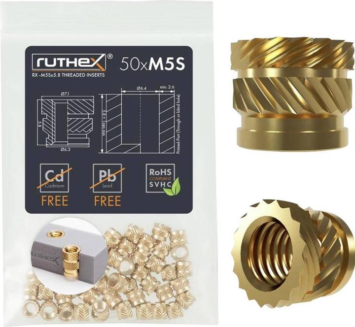Ruthex M5 Gewindeeinsatz SHORT - 50 Stück RX-M5Sx5.8 Gewindebuchsen aus Messing