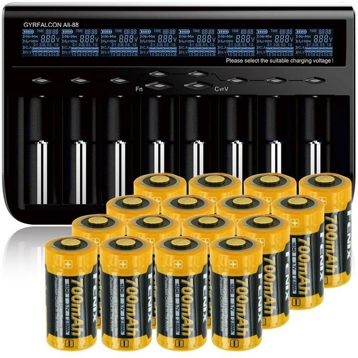 Actual product image AccuCell 8x quick charger and 16 pcs CR123A Li-ion battery pack (1 pcs., CR123A, 760 mAh, Battery + charger)