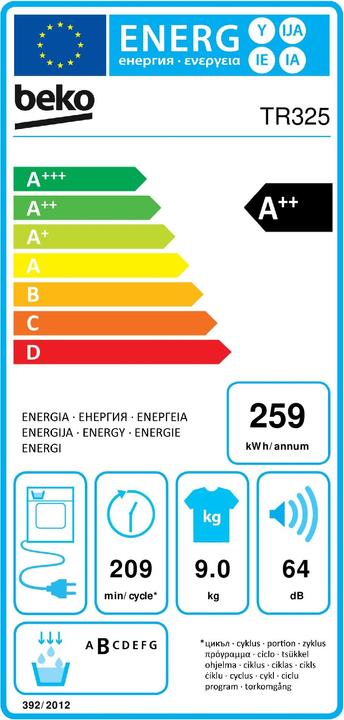 Label énergétique Beko Tumbler (9 kg, Droite)