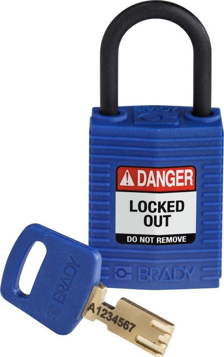 Actual product image Brady Safekey compact nylon safety lock with nylon shackle, blue, 25 mm shackle height, 4.3 mm shackle