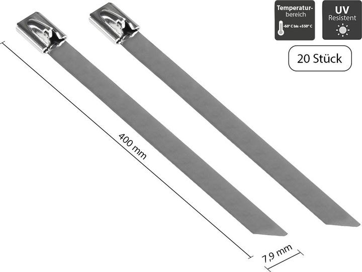 Good Connections Edelstahl-Kabelbinder 400 mm x 7,9 mm, -60 °C bis +550 °C, 20 Stück (Metallkabelbinder, 400 mm, 20 Stk.)