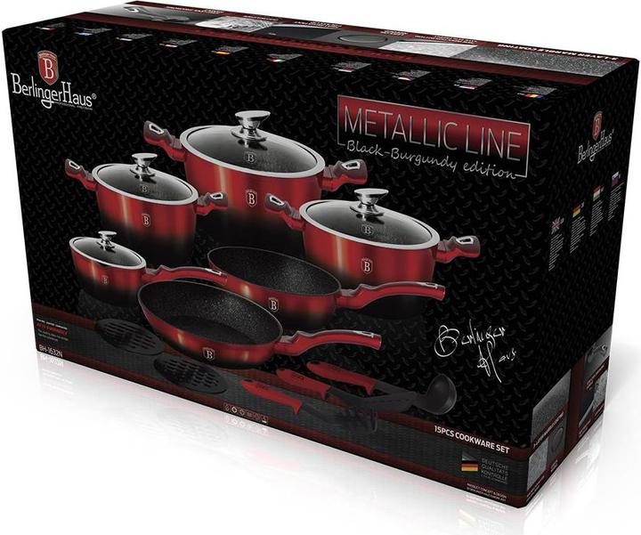 Actual product image BerlingerHaus 15-piece pot set from the series METALLIC LINE - Black BURGUNDY BH-1632 (28 cm, Pan set + pot set, Cast aluminium)