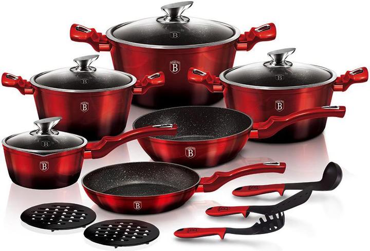 Actual product image BerlingerHaus 15-piece pot set from the series METALLIC LINE - Black BURGUNDY BH-1632 (28 cm, Pan set + pot set, Cast aluminium)