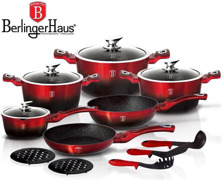 Actual product image BerlingerHaus 15-piece pot set from the series METALLIC LINE - Black BURGUNDY BH-1632 (28 cm, Pan set + pot set, Cast aluminium)