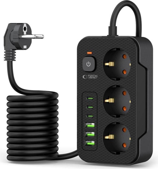 Produktbild Tech-Protect PC3X6 Power Strip 3 Sockets 240V + 3xUSB-A + 3xUSB-C 200cm - Black (3 x, USB-C, USB-A, 2 m)
