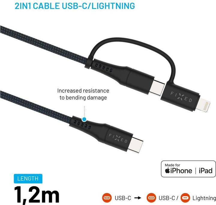 Actual product image Fixed Braided Cable USB-C/USB-C, Lightning Adapter, 1.2m, MFi, PD 60W, gray (1.20 m, USB 3.2 Gen 1, 60 W)