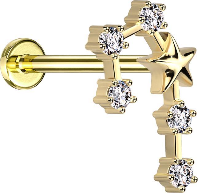 Produktbild Star Piercing Micro Labret Innengewinde vergoldet Sternzeichen Zwillinge mit Kristallen (Chirurgenstahl 316L, Messing)