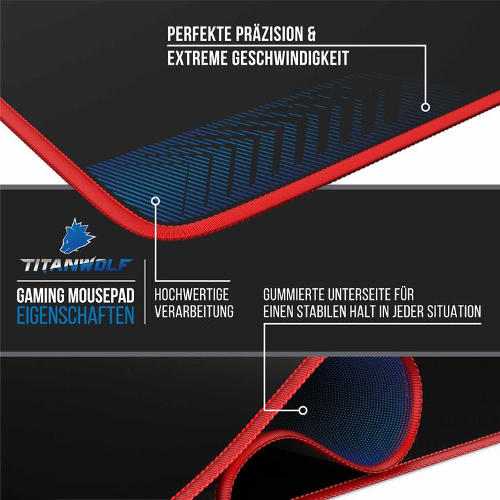 Produktbild Titanwolf Gaming Mauspad, XXL Speed Gaming Mausmatte / Extragrosse Fläche von 900 x 400mm, Kopf rot (XXL)