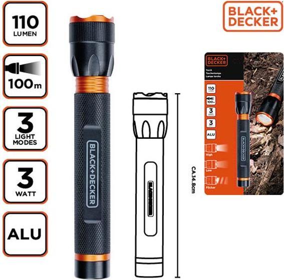 Immagine prodotto Black & Decker Torcia LED 3W 110Lm 100m di proiettore (14.80 cm, 110 lm)