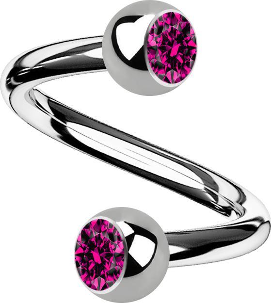 Star Piercing Micro Spirale silber mit zwei Kugeln Kristall fuchsia (Titan G23, ohne Messing)
