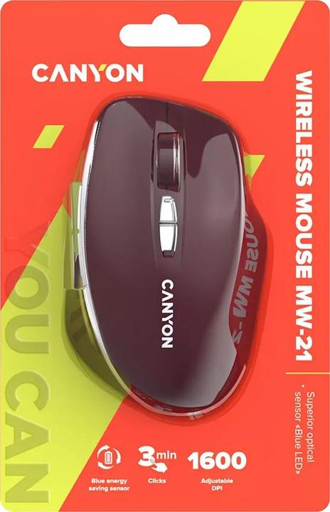 Actual product image Canyon MW-21, Wireless optical mouse, USB rec., Blue LED sensor, 800/1,200/1,600 dpi, 3 buttons, bur (Cable)
