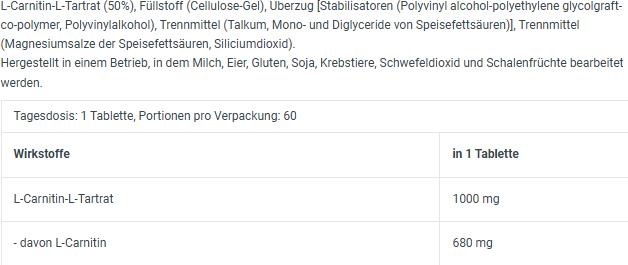 Nährwerte und Zutaten Biotech USA L-Carnitine 1000 (60 Stück, Kapseln)