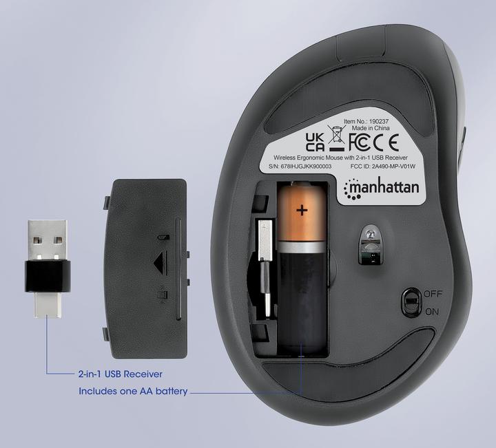 Actual product image Manhattan Ergonomic wireless mouse with 2-in-1 USB receiver (Wireless)