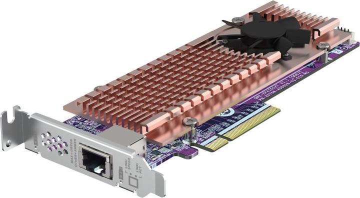Actual product image QNAP Card QM2 series 2xPCIe 2280 M.2 SSD slots PCIe Gen4x8 1xAQC113C 10GbE NBASE-T port