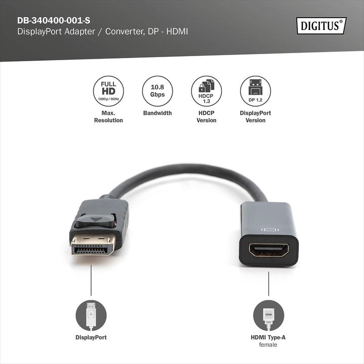 Produktbild Digitus DisplayPort — HDMI (Typ A) (0.15 m, HDMI, DisplayPort)